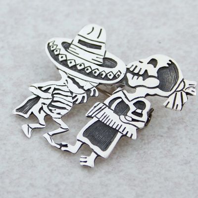 Alternate image for Day of the Dead Sterling Silver Brooch Pendant Skeletal Hat Dance