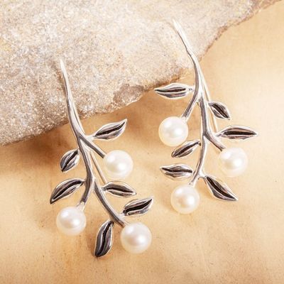 Alternate image for Leaf and Flower Motif Cultured Pearl Drop Earrings Blooming Dogwood