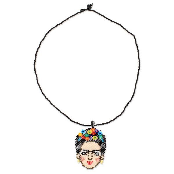 Alternate image for Frida-Themed Glass Beaded Pendant Necklace from Mexico Fantastic Frida