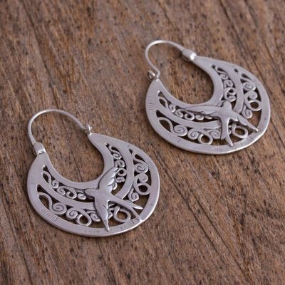 Alternate image for Unique Animal Themed Vintage Style Silver Bird Hoop Earrings Peaceful Doves