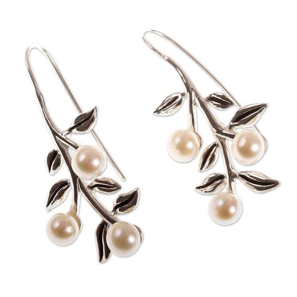 Alternate image for Leaf and Flower Motif Cultured Pearl Drop Earrings Blooming Dogwood