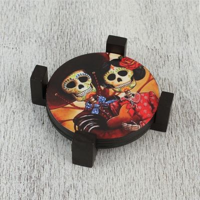 Alternate image for Day of the Dead Theme on Mexican Decoupage Set of 4 Coasters Festive Catrina