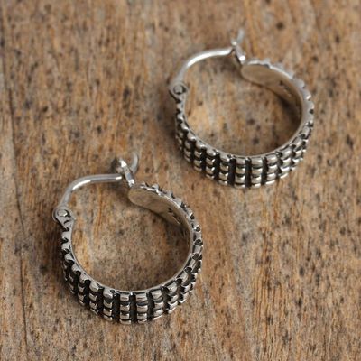 Alternate image for Combination Finish Sterling Silver Hoop Earrings from Mexico Ebbing Light