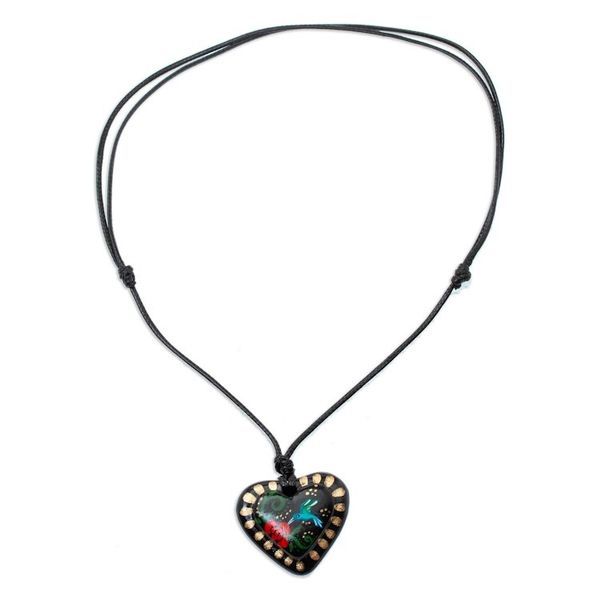 Alternate image for Hand Painted Heart Shaped Hummingbird Pendant Necklace Golden Night Hummingbird