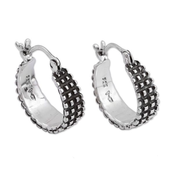 Alternate image for Combination Finish Sterling Silver Hoop Earrings from Mexico Ebbing Light