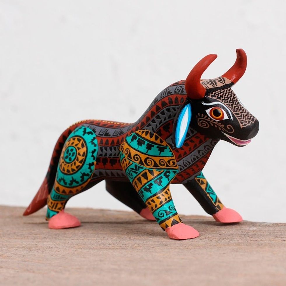 Colorful Wood Alebrije Bull Figurine from Mexico 'Intricate Bull'