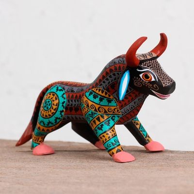 Alternate image for Colorful Wood Alebrije Bull Figurine from Mexico Intricate Bull