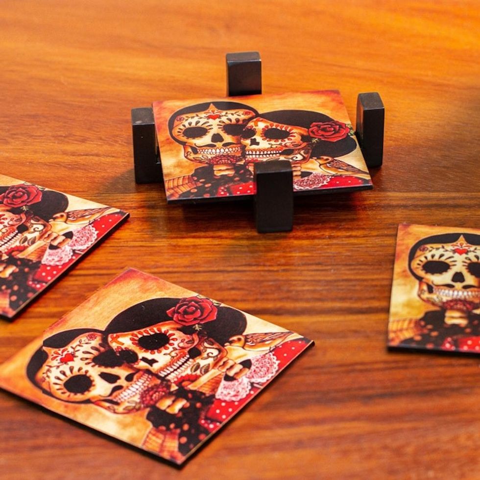 Set of 4 Decoupage Coasters with Day of the Dead Theme 'Day of the Dead Romance'