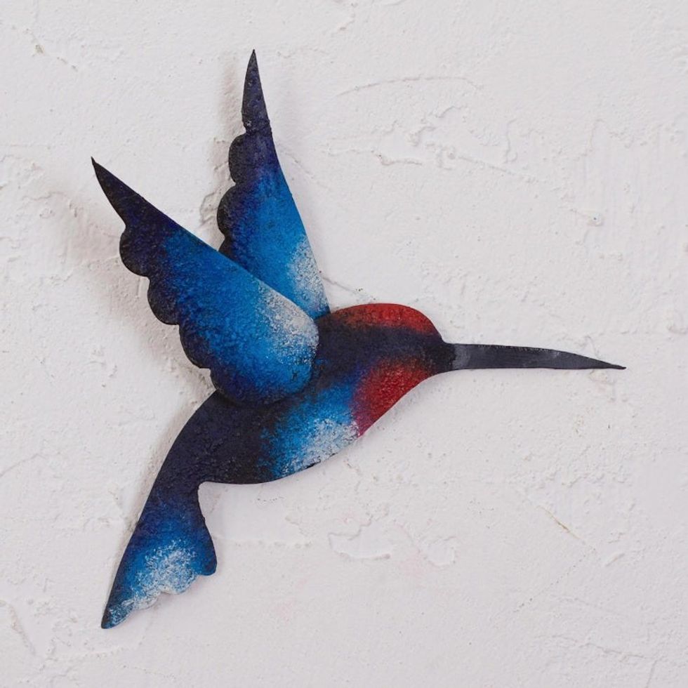 Artisan Handcrafted Blue Hummingbird Steel Wall Sculpture 'Delightful Blue Hummingbird'