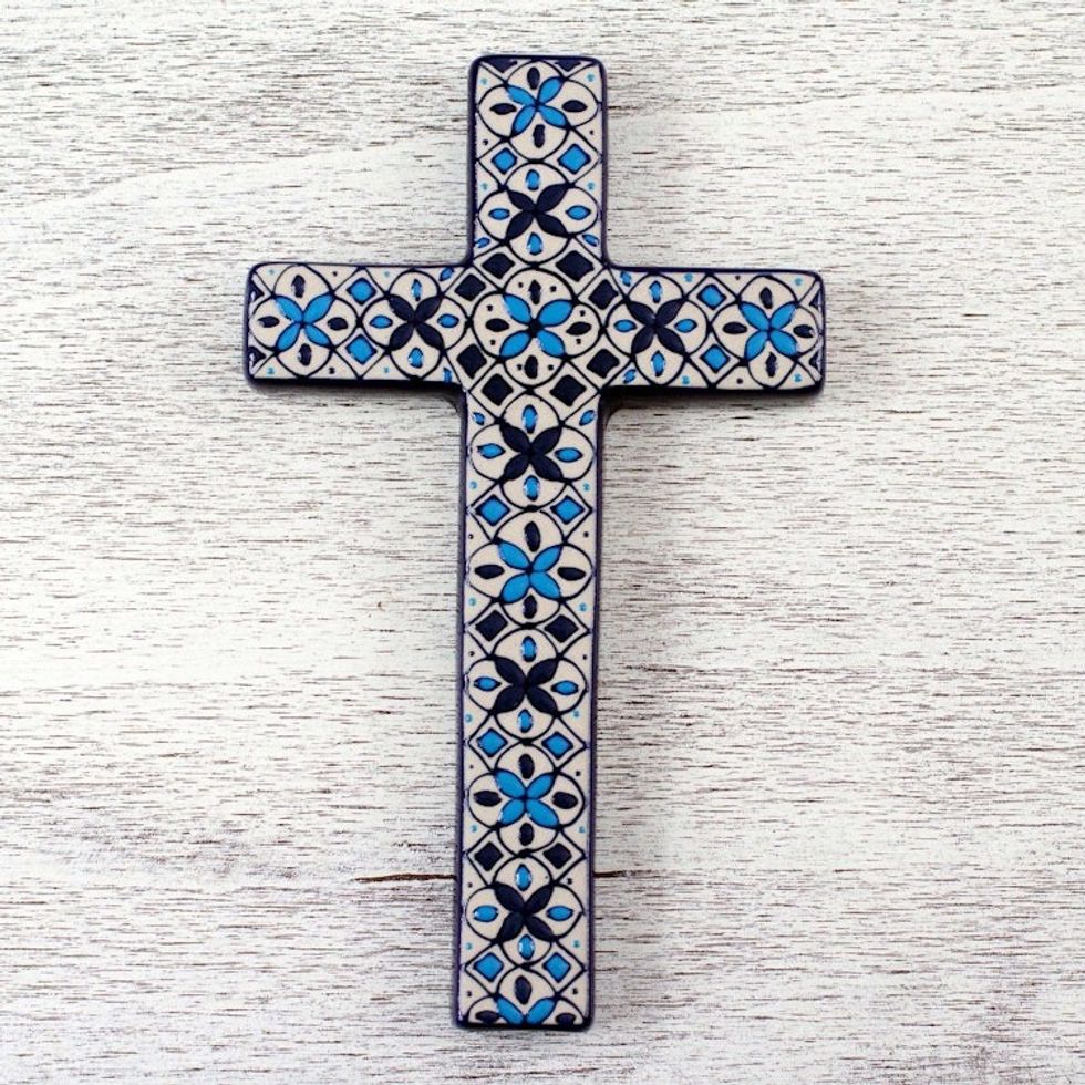 Hand Painted Ceramic Cross with Blue Floral Motifs 'Traditions'