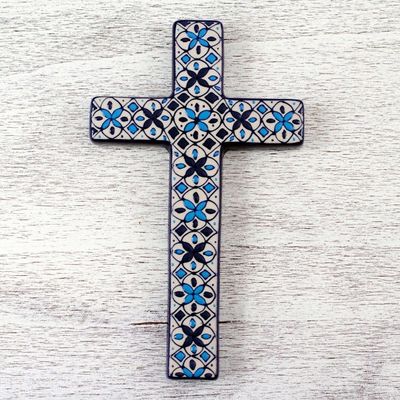 Alternate image for Hand Painted Ceramic Cross with Blue Floral Motifs Traditions