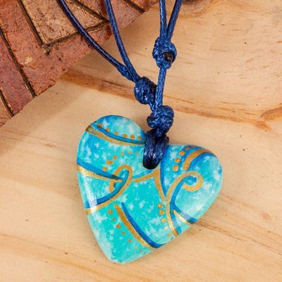Alternate image for Papier Mache Blue  Aqua Golden Accent Heart Necklace Seafoam and Sunlight