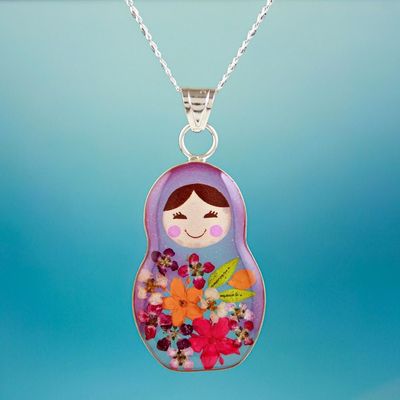Alternate image for Matryoshka Style Pendant Necklace with Natural Flowers Mexican Matryoshka