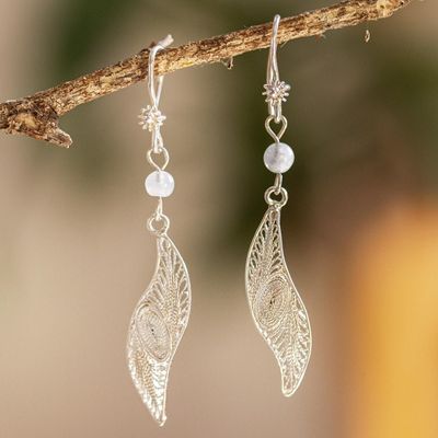 Alternate image for Mexican Sterling Silver Filigree Dangle Earrings Moon Leaf