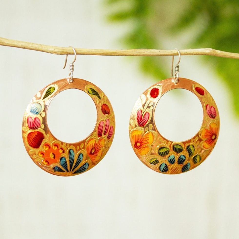 Reclaimed Copper Hand Painted Dangle Earrings from Mexico 'Floral Wreath'