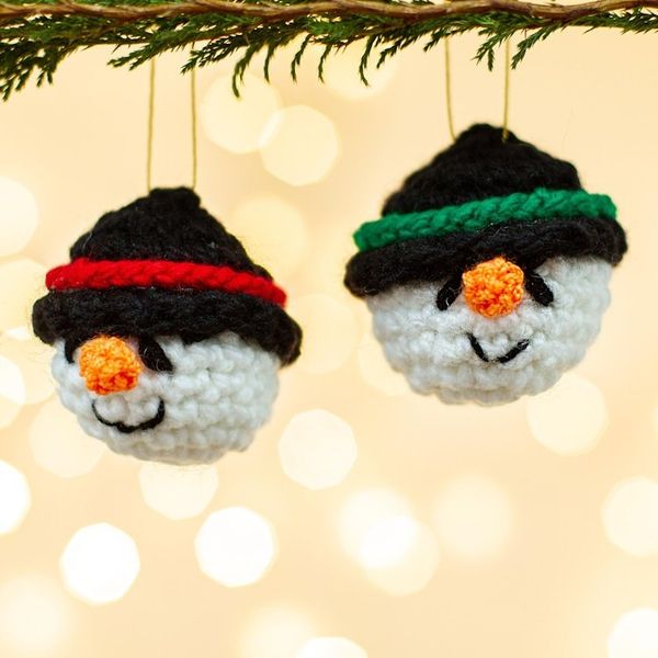 Alternate image for Handmade Crocheted Snowman Head Ornaments Pair Snowman Smiles