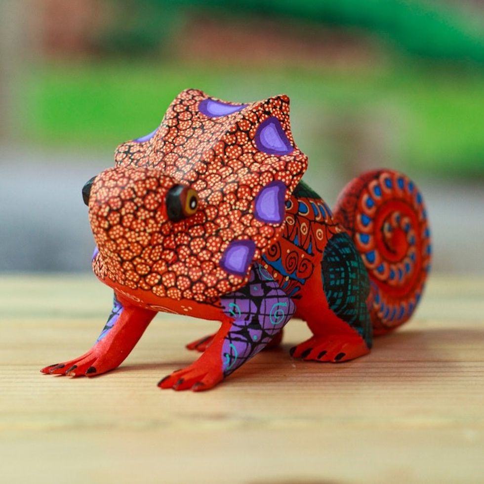 Painted Strawberry Copal Wood Chameleon Alebrije Figurine 'Chameleonic Strawberry'