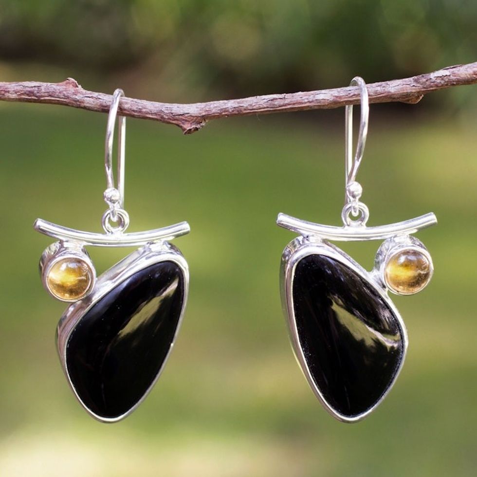 Obsidian and citrine dangle earrings 'Dewdrop'