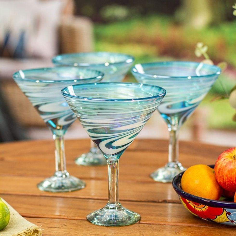 Set of 4 Turquoise and White Martini Glasses from Mexico 'Waves of Glamour'