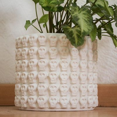 Alternate image for White Skull Pattern Ceramic Flower Pot from Mexico Rows of White Skulls
