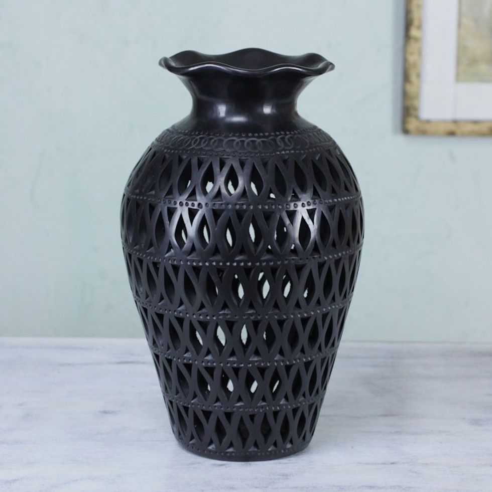 Mexican Cutout Black Pottery Vase 'Magic Leaves'