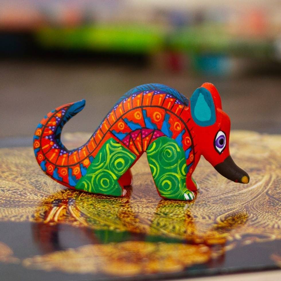 Painted Alebrije Copal Wood Figurine of Orange Armadillo 'Mexico's Orange Guardian'