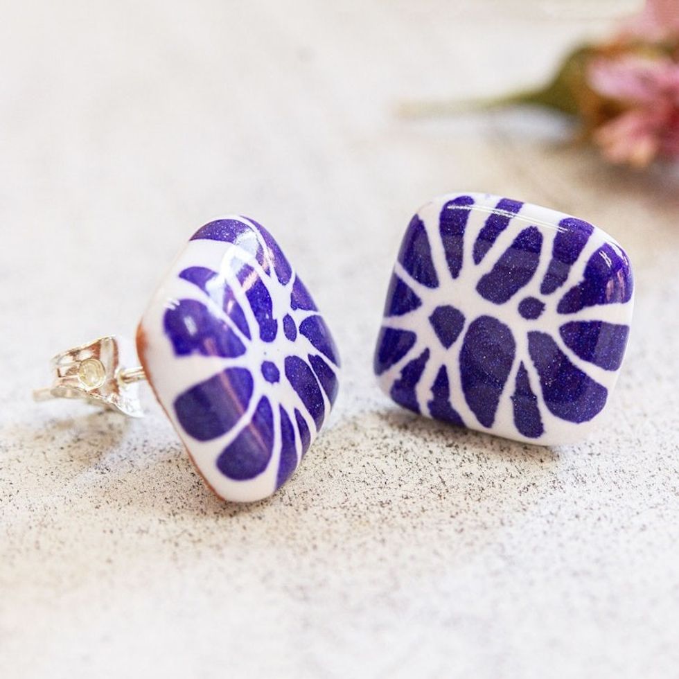 Blue White Ceramic Talavera Style Square Stud Earrings 'Blue Puebla Squares'