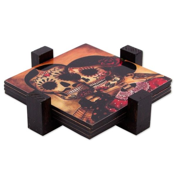 Alternate image for Set of 4 Decoupage Coasters with Day of the Dead Theme Day of the Dead Romance