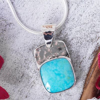 Alternate image for Square Natural Turquoise Pendant Necklace from Mexico Watery Gleam