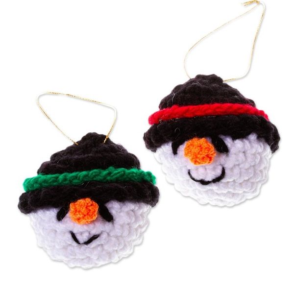 Alternate image for Handmade Crocheted Snowman Head Ornaments Pair Snowman Smiles