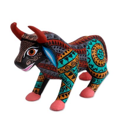 Alternate image for Colorful Wood Alebrije Bull Figurine from Mexico Intricate Bull