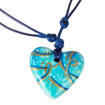 Alternate image for Papier Mache Blue  Aqua Golden Accent Heart Necklace Seafoam and Sunlight