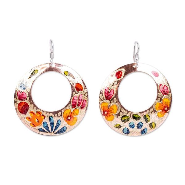 Alternate image for Reclaimed Copper Hand Painted Dangle Earrings from Mexico Floral Wreath