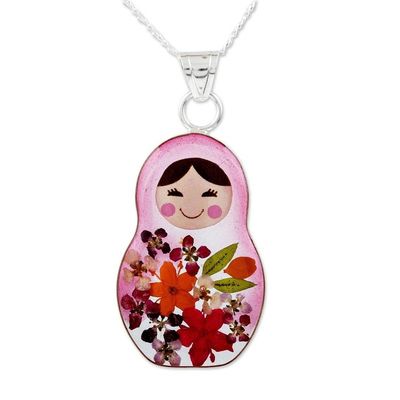 Alternate image for Matryoshka Style Pendant Necklace with Natural Flowers Mexican Matryoshka