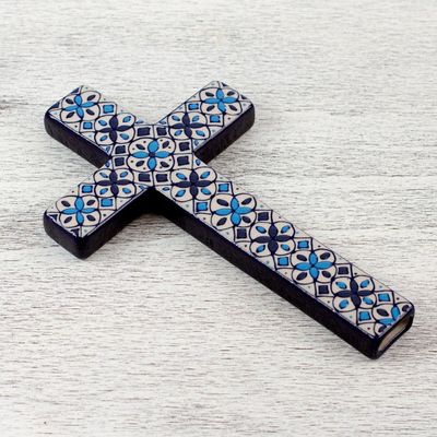 Alternate image for Hand Painted Ceramic Cross with Blue Floral Motifs Traditions