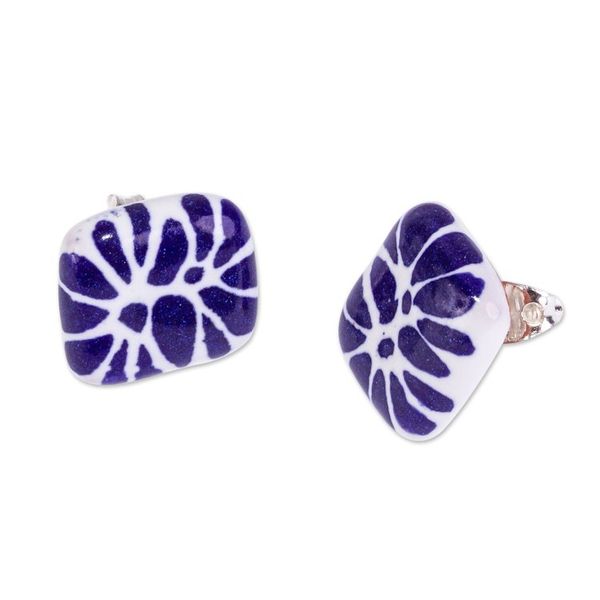 Alternate image for Blue  White Ceramic Talavera Style Square Stud Earrings Blue Puebla Squares