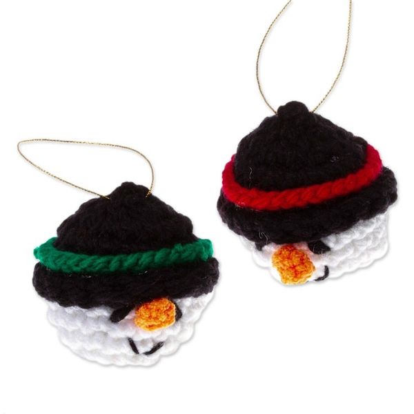 Alternate image for Handmade Crocheted Snowman Head Ornaments Pair Snowman Smiles