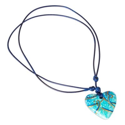 Alternate image for Papier Mache Blue  Aqua Golden Accent Heart Necklace Seafoam and Sunlight