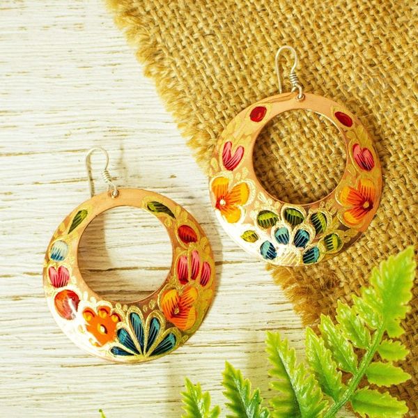 Alternate image for Reclaimed Copper Hand Painted Dangle Earrings from Mexico Floral Wreath