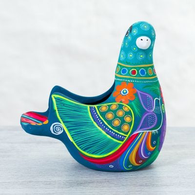 Alternate image for Ceramic Hand Painted Dove Sculpture Floral Motif from Mexico Teal Dove