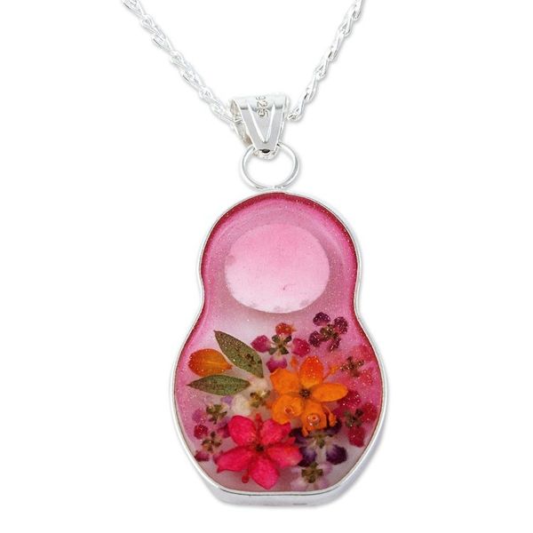 Alternate image for Matryoshka Style Pendant Necklace with Natural Flowers Mexican Matryoshka