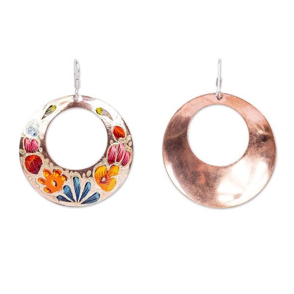 Alternate image for Reclaimed Copper Hand Painted Dangle Earrings from Mexico Floral Wreath