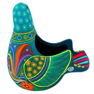 Alternate image for Ceramic Hand Painted Dove Sculpture Floral Motif from Mexico Teal Dove