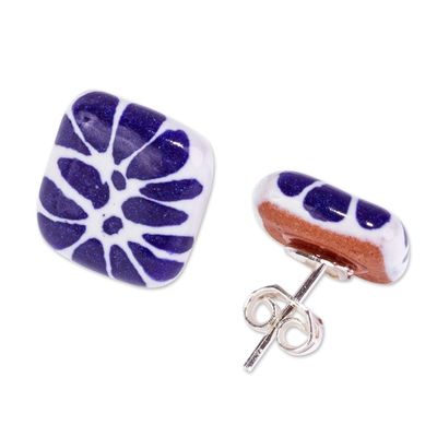 Alternate image for Blue  White Ceramic Talavera Style Square Stud Earrings Blue Puebla Squares