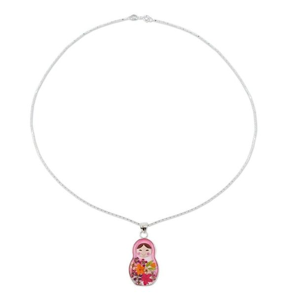 Alternate image for Matryoshka Style Pendant Necklace with Natural Flowers Mexican Matryoshka