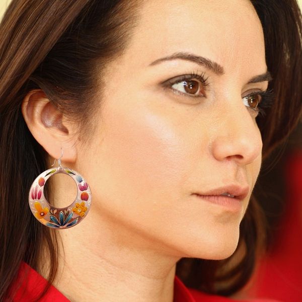 Alternate image for Reclaimed Copper Hand Painted Dangle Earrings from Mexico Floral Wreath