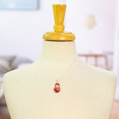 Alternate image for Matryoshka Style Pendant Necklace with Natural Flowers Mexican Matryoshka