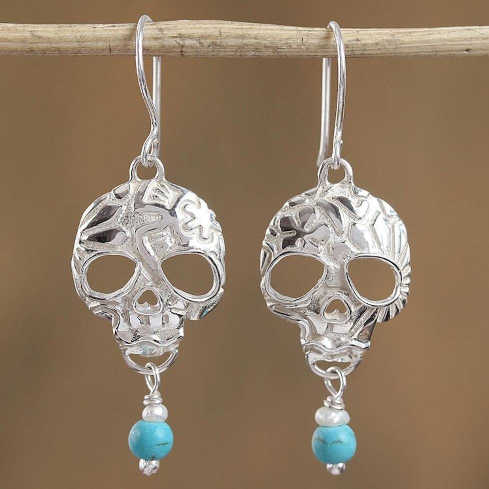 Taxco Skull Turquoise and Pearl Dangle Earrings from Mexico 'Transmutation'