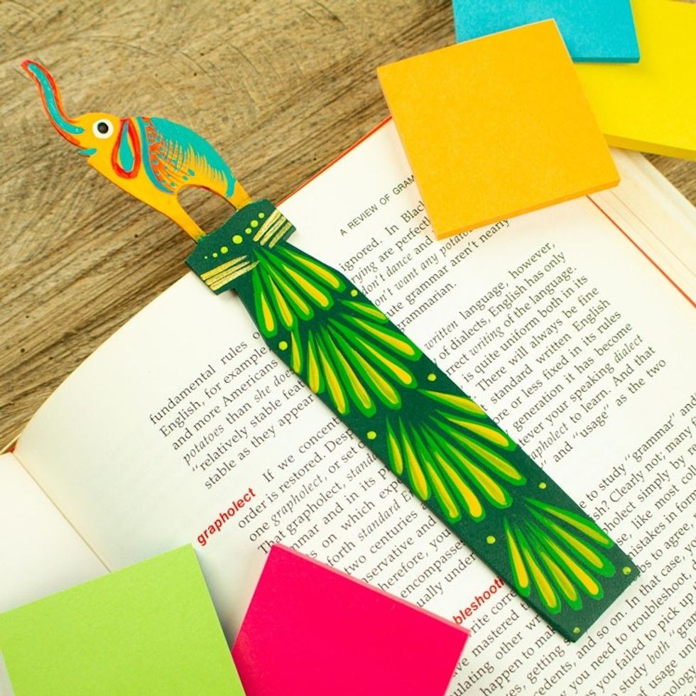 Mexican Artisan Carved Elephant-Themed Copal Wood Bookmark 'Reading Elephant'