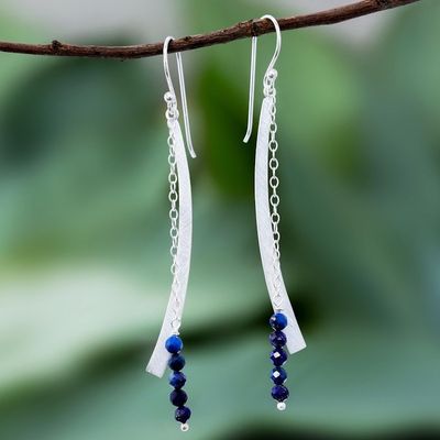 Alternate image for Modern Lapis Lazuli Beaded Dangle Earrings from Thailand Bright Curve